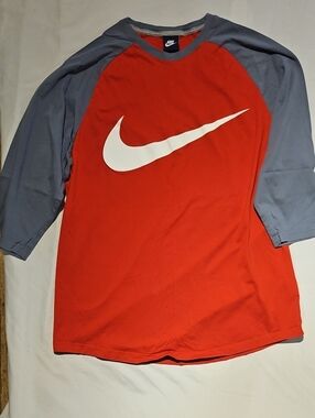 Nike Red Baseball Raglan Tee with White Swoosh